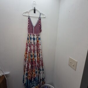 knee length dresses for ladies Chelsea and Theodore V-Neckline Sleeveless Mixed Print Tiered A-Line Maxi  Dress